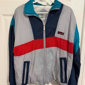 VINTAGE Mens 80s Zip Up Windbreaker Jacket Colorblock Blue Red & Gray Size Large